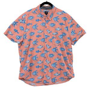 J.CREW Slim Fit Shirt Mens Coral Orange Blue Fish Print Short Sleeve Size XL